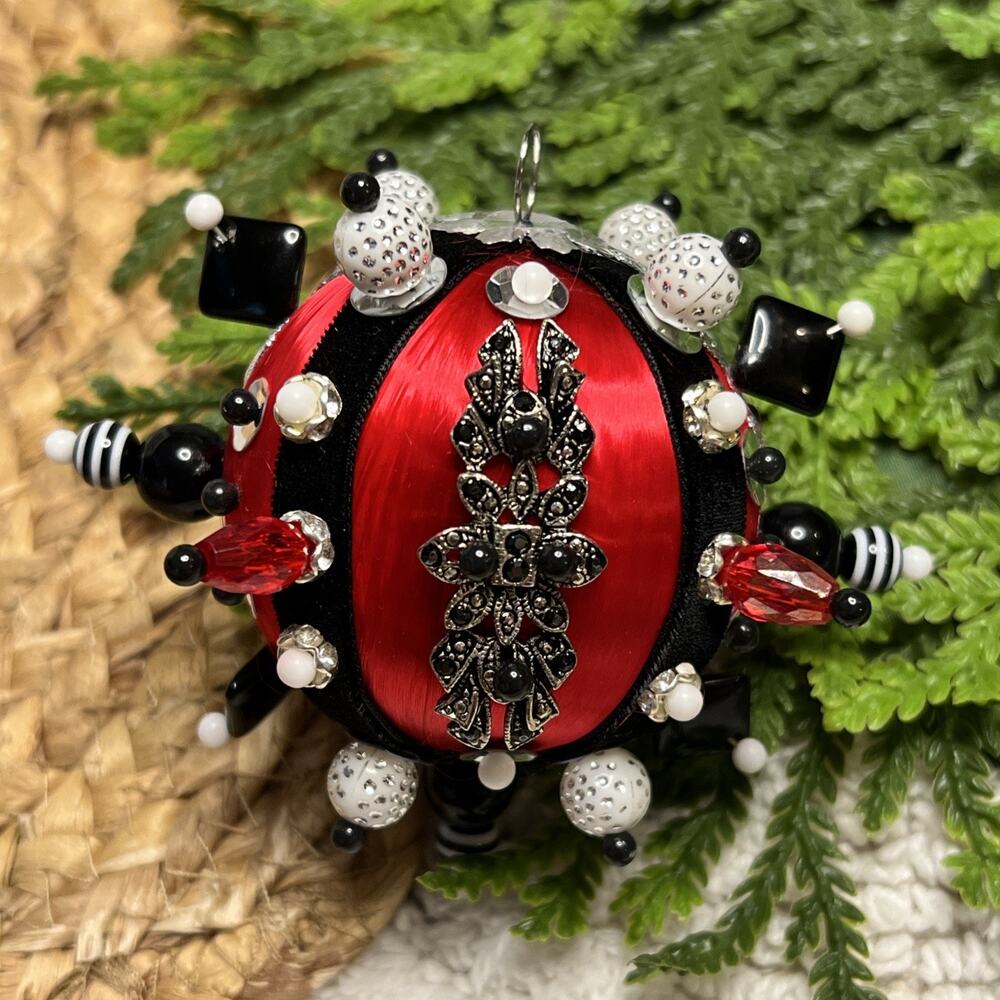 Funky B&W Beaded Push Pin Sequins Brooch Satin Thread Ball Christmas Ornament